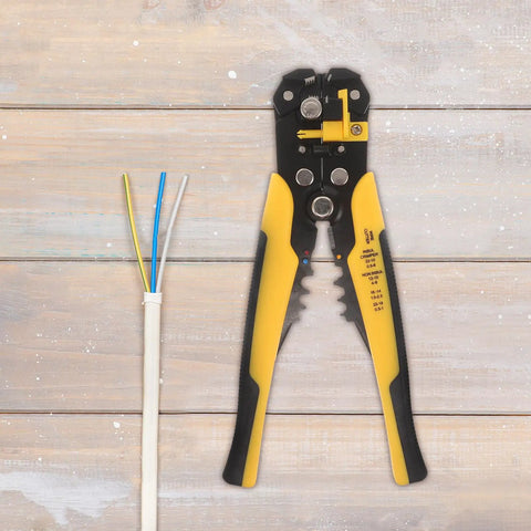Kickass Heavy Duty Auto Wire Stripper And Crimping Pliers Pro Gear For Electricians with yellow grip and wire strands.
