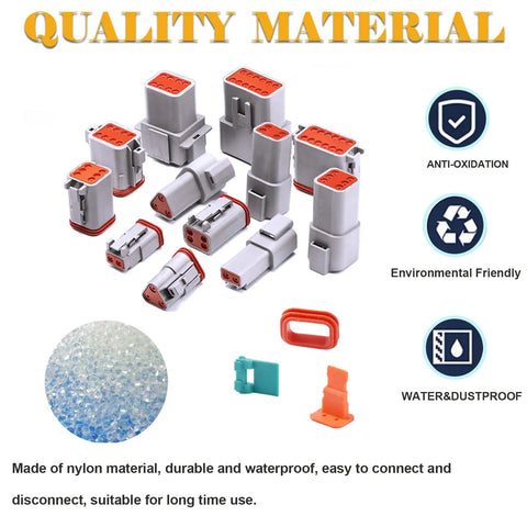 Six Pin Waterproof Heavy Duty Electrical Connector Kit with stamped terminals and seal plugs, grey and orange connectors