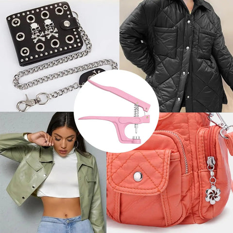 50 Sets Metal Snap Buttons Kit With Pliers 15mm Leather Snap Fasteners for Clothes and Gear, Six Color Craft Snaps visible on various clothing and accessories.