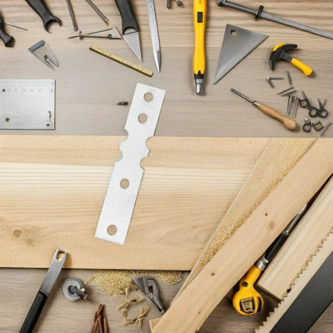 Heavy Duty Door Repair Plates 50 Pack For Iron And Wood Frames with tools on wooden surface