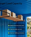 Heavy Duty 4 Pack Shipping Container Shelf Brackets Rock Solid Steel Rack Supports With Reinforced Stabilizer Bar For Garage Storage And Workshop Shelving Dead Simple Assembly with boxes on wooden shelf.