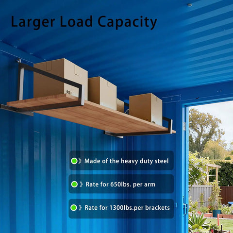 Heavy Duty 4 Pack Shipping Container Shelf Brackets Rock Solid Steel Rack Supports With Reinforced Stabilizer Bar For Garage Storage And Workshop Shelving Dead Simple Assembly with boxes on wooden shelf.