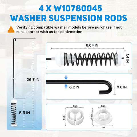 Dimensions and components of Washer Suspension Rods Kit For NTW4516FW3 NTW4516FW2 WTW4816FW2 WTW4800BQ1