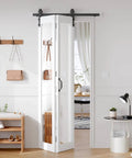 Bifold Barn Door Mirror 36x84 With One Lite Mirror installed in living room, PVC white, bi-fold closet doors hardware kit included