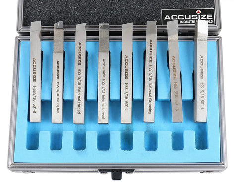 8 Piece Five Sixteenth Inch HSS Tool Bit Set Pre Ground For Turning And Facing Work Includes 80 Degree And 60 Degree Left And Right Hand Lathe Tools Pro Grade For Machinists And DIY Hobbyists Ready To Use