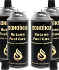 Four black Sondiko butane fuel gas canisters, part of All In One Camping Stove And Fuel Kit With Four Butane Canisters.