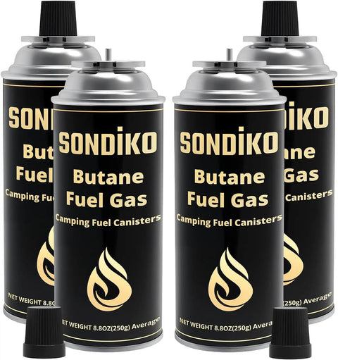 Four black Sondiko butane fuel gas canisters, part of All In One Camping Stove And Fuel Kit With Four Butane Canisters.