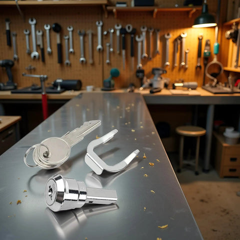 Silver Universal Toolbox Lock With 180 Degree Rotation Unlocking, shown with keys and components on a metal workbench.