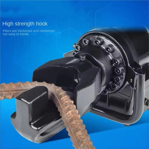 Close-up of 800W Electric Rebar Bender Machine 16mm Portable Hydraulic Steel Bar Bending Tool with reinforced hook holding steel rod.