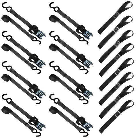Beefy 1500lb Break Strength Ratchet Straps For Motorcycles, Trucks, And ATVs, 15ft Tie Downs with soft loops in 8 pack