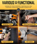 Various uses of All In One 21 Piece Drive Tool Accessory Set with universal joints, extension bars, impact wrench, bit holders