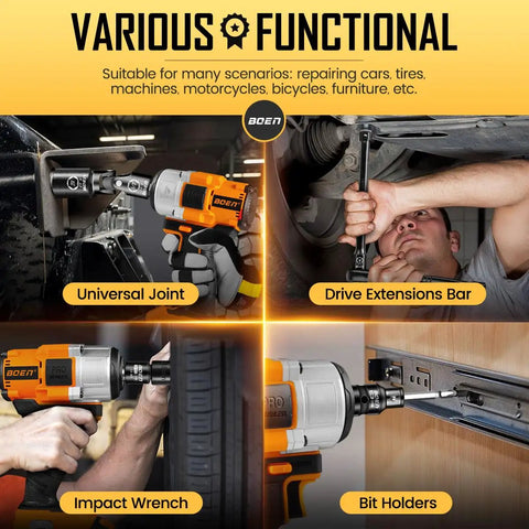Various uses of All In One 21 Piece Drive Tool Accessory Set with universal joints, extension bars, impact wrench, bit holders