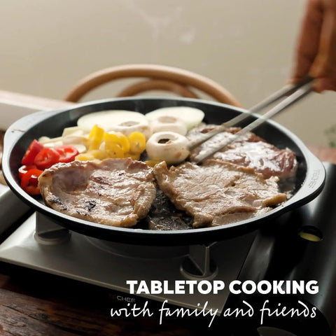 Korean BBQ Nonstick Grill Pan For KBBQ Lovers, Cast Aluminum Build, PFOA Free Coating, grilling pork and vegetables