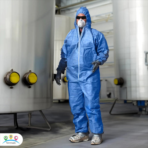Worker wearing blue disposable coveralls with hood in large size tri laminated SMS polypropylene work suit in industrial setting