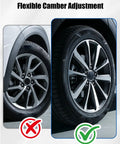Flexible Camber Adjustment shown on two wheels, highlighting proper alignment and range of adjustability for Road Ready Lower Control Arm With Camber Adjustment Built For Crisp Handling And Fast Wheel Alignment Compatible With Hyundai Tucson Santa Fe And Kia Sorento Optima Durable Suspension Upgrade Simple Bolt On Swap Guaranteed Smooth Cruise.