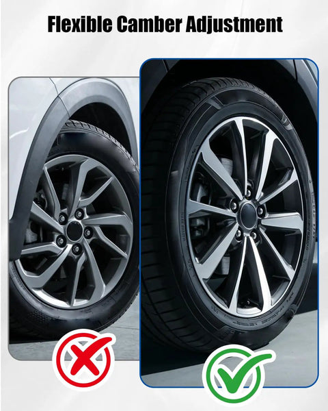 Flexible Camber Adjustment shown on two wheels, highlighting proper alignment and range of adjustability for Road Ready Lower Control Arm With Camber Adjustment Built For Crisp Handling And Fast Wheel Alignment Compatible With Hyundai Tucson Santa Fe And Kia Sorento Optima Durable Suspension Upgrade Simple Bolt On Swap Guaranteed Smooth Cruise.