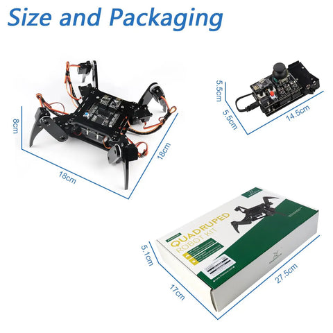 Dope Quadruped Robot Kit With Remote App Control For Arduino IDE Walking Crawling Twisting Motion Easy Prewritten Code Library Assembly Required STEM Servo Project For Makers And Tinkerers size and package view