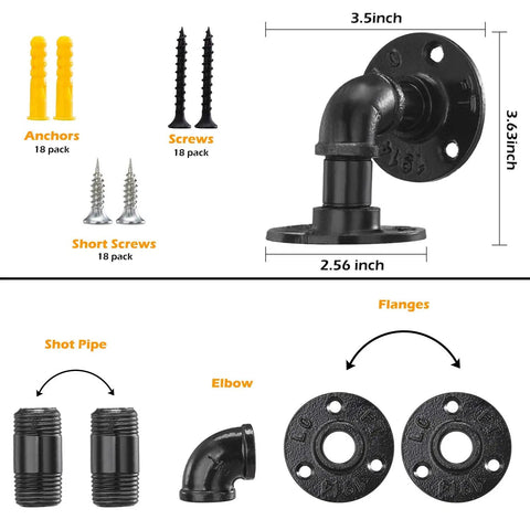 Components of 6 Pack Industrial Pipe Shelving Brackets For Wall Mounts Vintage Black Iron Rustic Finish Built Tough Heavy Duty DIY Shelves