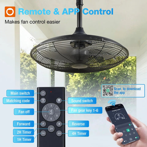 Outdoor Patio Ceiling Fan With Remote And App Control, 20 Inch, showing remote and app interface for easy operation