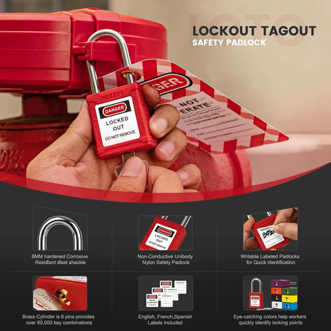 Person installing red lockout tagout safety padlock with 6mm steel shackle on machinery, features non-conductive nylon unibody.