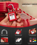 Lockout Tagout Locks 6 Pack OSHA Red LOTO Locks Keyed Different, securing industrial machinery with red safety padlock and tag