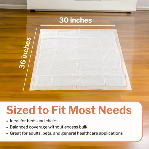 Heavy Absorbency Underpads 30 x 36 Inches Disposable Bed Pads 100 Count for incontinence on wooden floor showing dimensions