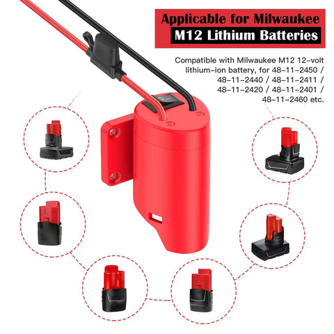 Power Wheel Battery Adapter For 12V DIY RC Cars And Robotics With Switch Fuse And 12AWG Wire Terminals Power Connector Milwaukee M12 Battery Converter Kit Easy Plug And Play with compatible M12 batteries.