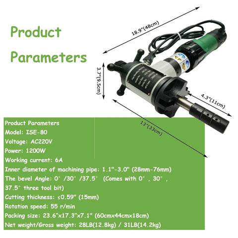 Banfluxion 1200W Electric Pipe Beveling Machine For Inner Expansion Grooving With Chamfering Capabilities, dimensions shown.