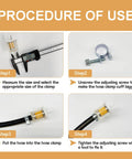 Fuel line hose clamp kit, 34 pcs, 8–18 mm; four-step installation infographic with sizing, screw adjustment, hose fit, and tightening.
