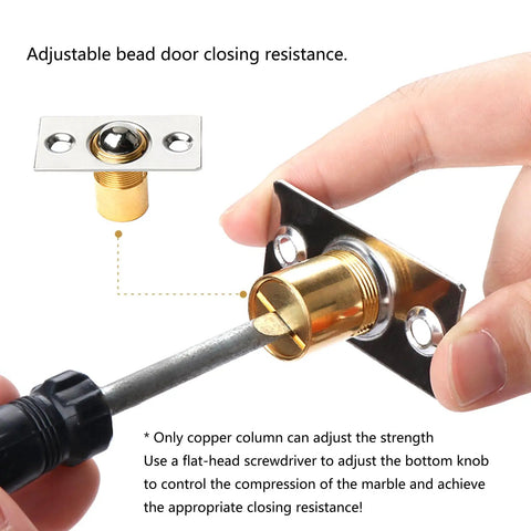 Adjustable Brass Door Catch Ball Catch for Interior Doors Hidden Invisible Mount being installed with a screwdriver.