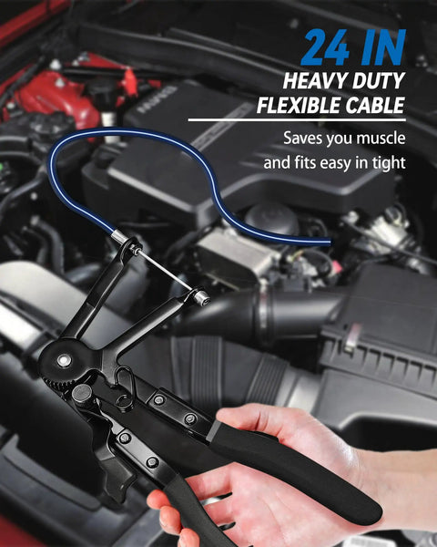 Close-up of 9 Piece Flexible Hose Clamp Pliers Set showing 24 inch long reach swivel jaw in car engine compartment