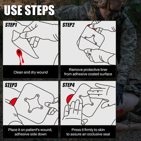 Rhino Rescue vented chest seal instructional diagram; four-step sterile trauma dressing with adhesive pad.