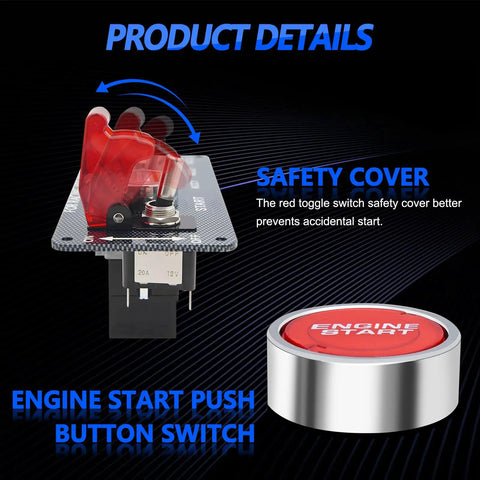 12V Racing Car Ignition Switch Panel 5 In 1 with engine start button and LED toggle switches, carbon fiber look detailing