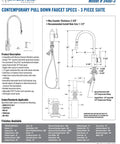 Contemporary Pull Down Kitchen Faucet Three Piece Suite With Heavy Duty Smooth Glide Spray Jet dimensions and specs.