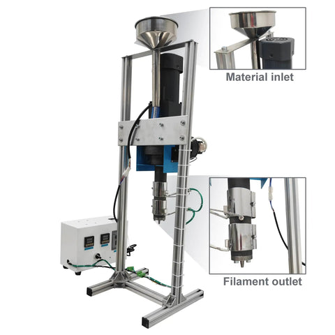 Heavy Duty Filament Extruder For 3D Makers That Cranks Out Legit 0.6 Inch Tube with material inlet and filament outlet view.