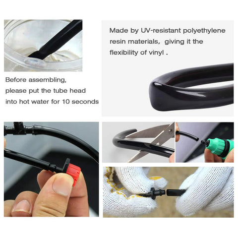 Image showing 100 Ft One Quarter Inch Blank Distribution Tubing For Drip Irrigation being cut and connected with tools.