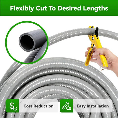 25 Ft Liquid Tight Conduit And Connector Kit With One Half Inch Flexible Non Metallic Electrical Conduit being cut with tool
