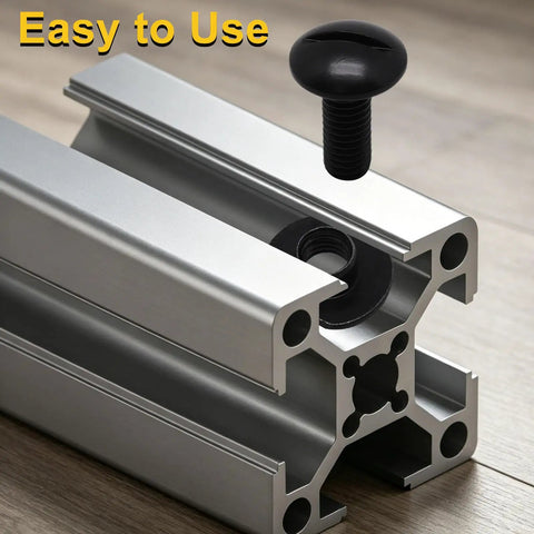 Hella Strong 1/4 20 Centered Slide T Nuts For T Slot Track paired with matching 1/4 20 x 1/2 bolts shown on aluminum extrusion profile.