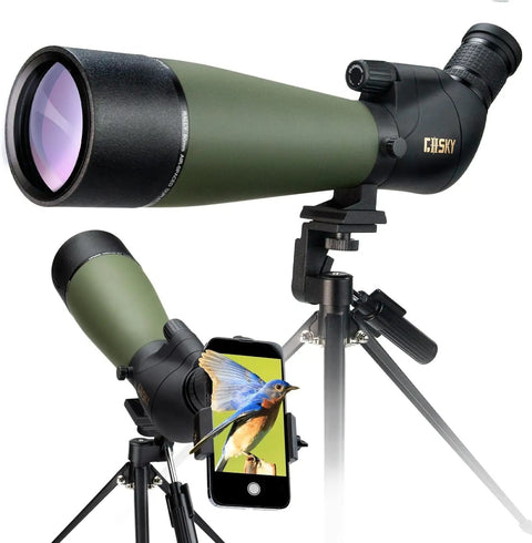 Go To 20 To 60x80 HD Spotting Scope With Tripod And Carrying Case For Bird Watching Hunting Target Shooting Wildlife Scenery Smartphone Adapter And Nikon Compatible SLR Mount shown on tripod with smartphone adapter displaying bird