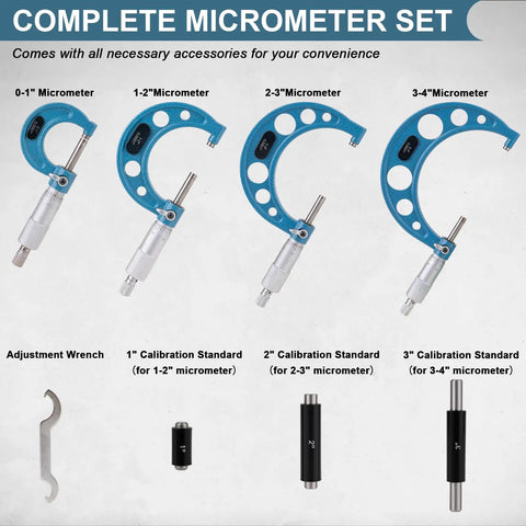 Four Piece Outside Micrometer Set For Machinists Ultra High Precision 0.0001 Inch Graduation Measures 0 To 4 Inches Carbide Faces