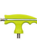 Rollerblade Bladetool Pro inline skate tool, neon yellow plastic handle with metal axle for wheel rotation.