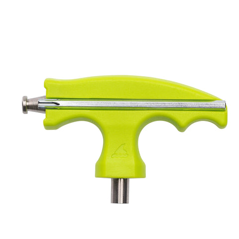 Rollerblade Bladetool Pro inline skate tool, neon yellow plastic handle with metal axle for wheel rotation.