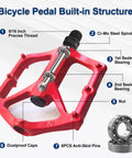 Grippy 14mm Aluminum Alloy MTB Pedals Non Slip Lightweight Flat Bike Pedals for Road Mountain BMX and City Rides Ride Ready with 9 16 Inch Thread and Sealed Bearings Universal Fit Red showing detailed built-in structure diagram.