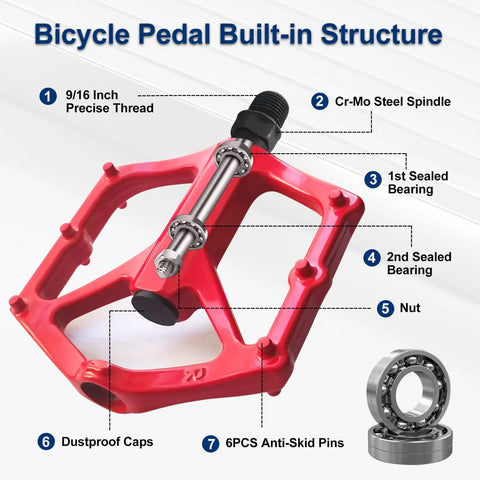 Grippy 14mm Aluminum Alloy MTB Pedals Non Slip Lightweight Flat Bike Pedals for Road Mountain BMX and City Rides Ride Ready with 9 16 Inch Thread and Sealed Bearings Universal Fit Red showing detailed built-in structure diagram.