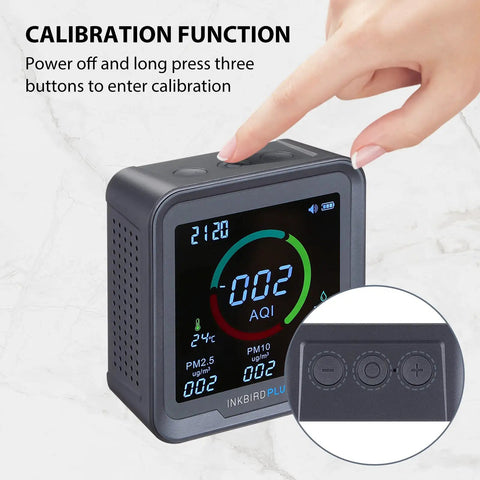 Close-up view of Keeps Tabs On Your Indoor Air Quality With A Six In One Monitor CO2 PM25 PM10 AQI Temperature And Humidity display.