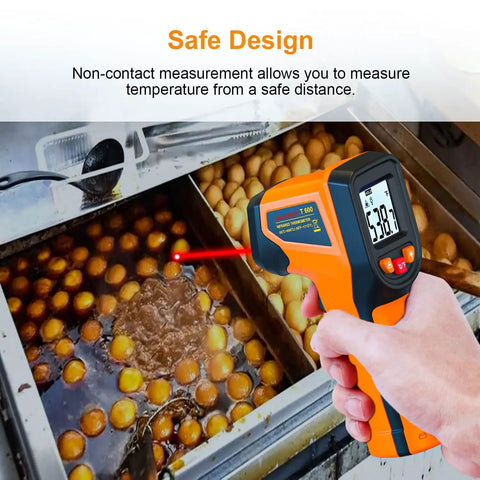 Non Contact Infrared Thermometer Gun With Fast Reading -58F To 1112F (-50C To 600C), 14 Inch Distance, Industrial Kitchen Automotive HVAC Temperature Gun, High Accuracy, Quick Scan, Safe Noncontact Temperature Measuring Tool in hand over hot oil vat