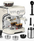 Retro White Espresso Machine With Built In Grinder And Steam Wand Featuring Pre Infusion For A Smooth Daily Grind, Compact Home Coffee Maker with espresso and accessories.