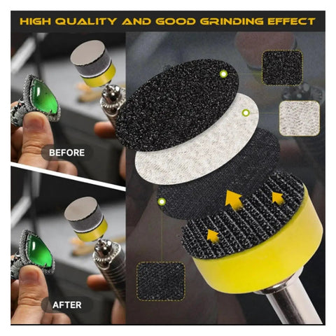 Super Fast 188 Piece Hook and Loop Sanding Discs Set With Grit From 60 To 10000 For Wet Or Dry Use On Auto Wood And Metal Plus Vent Holes That Keep Dust Down showcasing before and after effects of sanding on a ring.