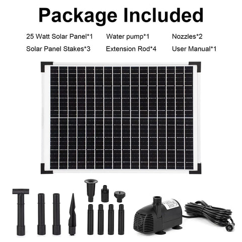 Sun Powered Solar Fountain Pump Kit With 25 Watt Panel, 410 GPH Submersible Water Pump For Ponds, Aquaculture Package Contents