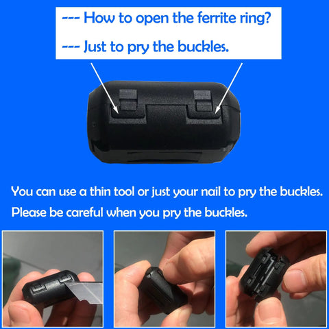 How to open the snap-on Dope Ferrite Ring Core Kit 30Pcs Clip On Ferrite Beads Choke for HDMI USB cables. Use a thin tool for buckles.